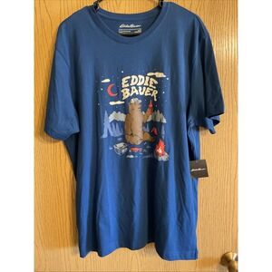 Men's Eddie Bauer T-shirt, bear camping trip graphic print size large blue‎
